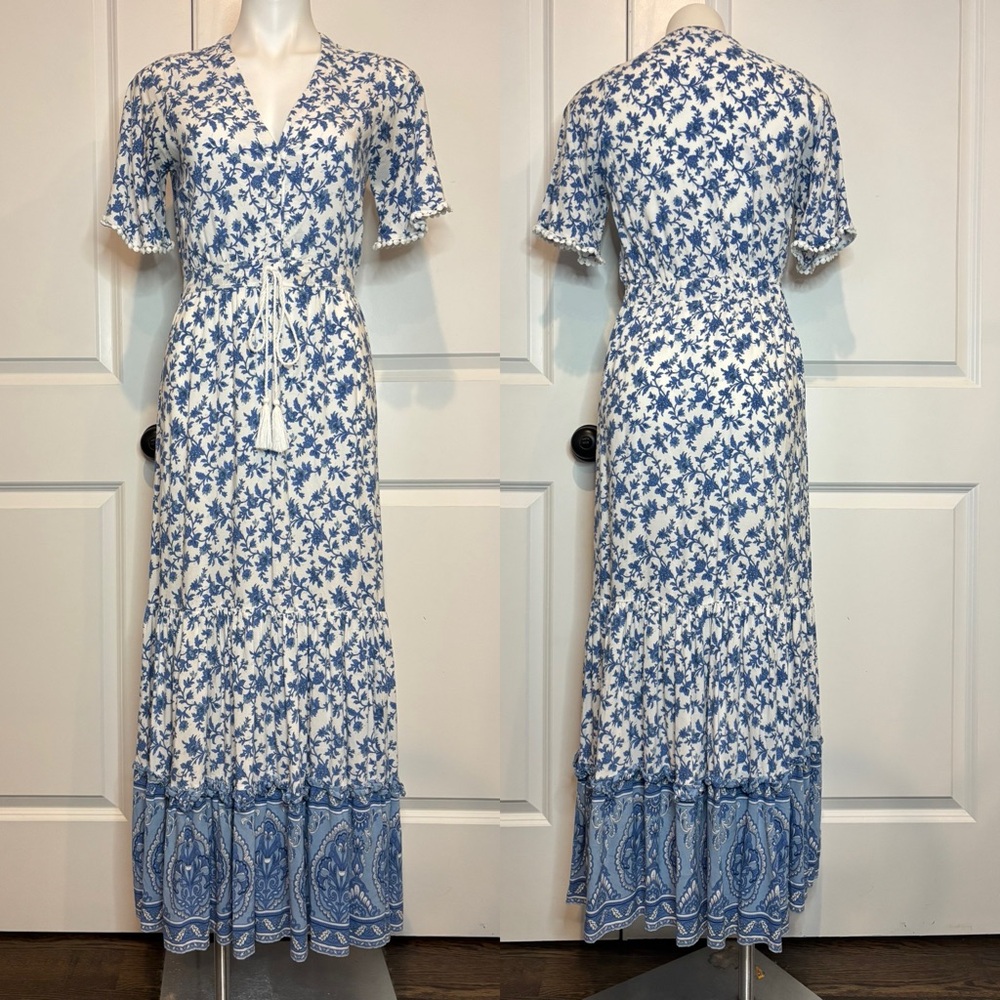 R. Vivimos White Blue Floral Short Sleeve Tassel Tie Waist Tiered Midi Dress S